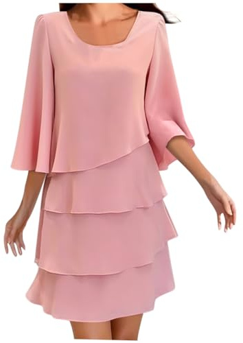 shownicer Robe en Mousseline Femme Élégante Col Rond Manches 3/4 Couleur Unie Plissée Cocktail Mini Dress