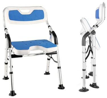 DEWEL Folding Shower Chair, Height Adjustable Non-Slip Shower Seat | 150kg Weight Capacity, Tool-Free Installation, Shower Head Holder with Back & Arms for Elderly, Disabled, Pregnant (Blue)
