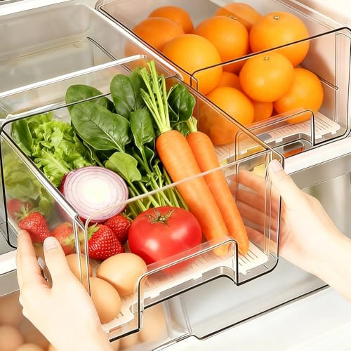Zinueen Organisateur de réfrigérateur, 1 pièce, extensible et empilable, pour stockage des aliments, rangement des saucisses, récipient transparent pour cuisine, réfrigérateur et armoire de rangement