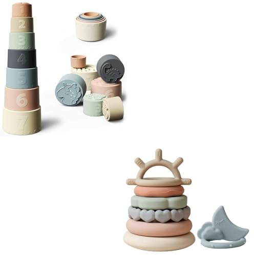 Moonkie Stapelturm Baby Set, Stapelbecher Silikon, Stapelspielzeug mit Ringen, Baby Spielzeug ab 6 Monate+, Beißspielzeug, Geschenk Jungen & Mädchen
