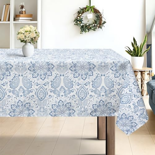 hometrixx Tischdecke Boho Paisley Mandala Blumen Garten 140x180cm Blau | Tischdecken Abwaschbar,Fleckabweisend,Pflegeleicht,Polyester Tischtuch Rechteckig,für Party Picknick Abendessen Küche Dekor