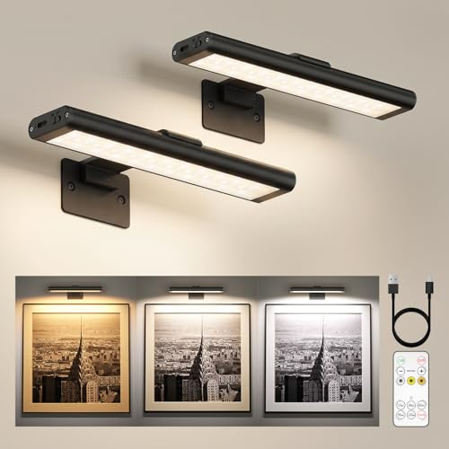 EZVALO Picture Light for Wall, Rechargeable 2400mAh Battery Lights with Wireless Remote, Dimmable Magnetic LED Art Painting Light with 3 Color Temperatures (Pack of 2, Black)