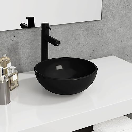 Lavabo rond en verre trempé, noir, 30 x 12 cm, vasque à poser, durable, pour salle de bain, toilettes d'invités et lavabos modernes