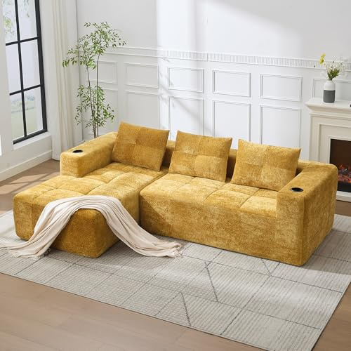 Koaris 255cm Modulares Sofa mit Chaiselongue, Chenille-Stoff, Hochdichtschaum, Versteckte Becherhalter, Werkzeuglose Montage, inkl. Dekokissen (Gelb)