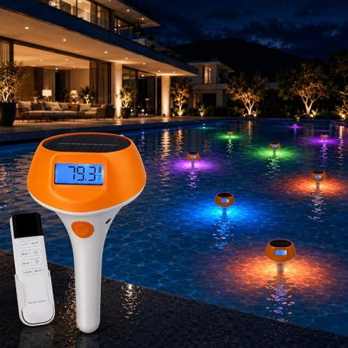 Thermomètre Piscine Flottant Digital sans Fil, Thermomètre Flottant avec Rétroéclairage Automatique, IPX6 Étanche, Affichage Dynamique LED, Grand Panneau Solaire, Inclut Télécommande,Orange
