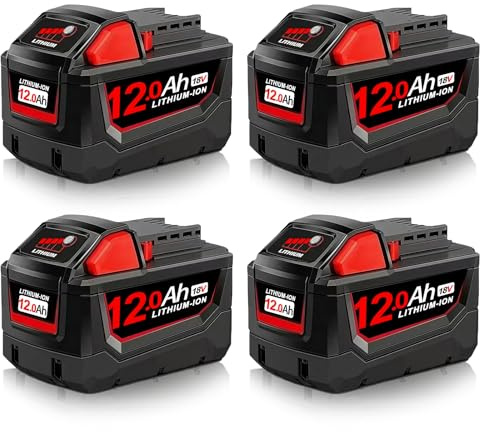 4PC 12.0Ah Replacement for Milw Battery Compatible with Milw M-18 Battery | High Capacity Battery Compatible with Milw Battery M18 48-11-1820 48-11-1840 48-11-1850 2646-60 for Cordless Power Tools