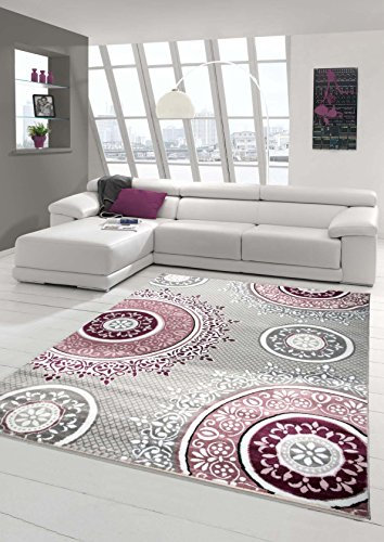 Designer Teppich Moderner Teppich Wohnzimmer Teppich Klassisch Gemustert Kreis Ornamente in Pink Lila Grau Creme Größe 80 x 300 cm