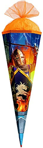 Schultüte - Ritterburg & Ritter - 50 cm - rund - mit Tüllabschluß - Zuckertüte Roth - mit/ohne Kunststoff Spitze - für Jungen/Geschenktüte - Ritterbur..