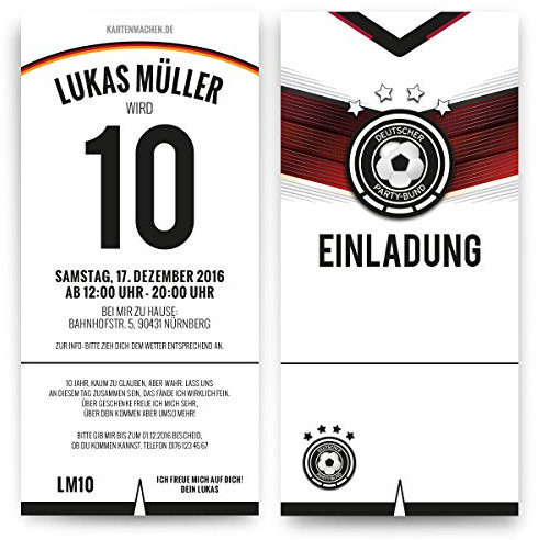 Kartenmachen.de Personalisierte Einladungskarten zum Kindergeburtstag (10 Stück bis 100 Stück wählbar) - Deutschland Fußball Trikot Einladung, Alter als Trikotnummer