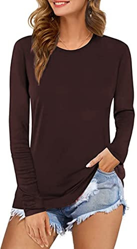 Ladies Womens Plain Long Sleeve Round Neck Top Basic T Shirt Layering Plus Sizes UK 8-18 (M/L (UK 12-14), Brown)