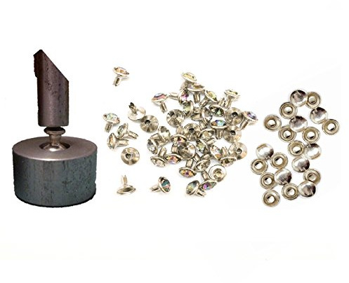 Weddecor 10mm Rivet Setting Hand Tool with AB Color Acrylic Rhinestones Diamante Rivet Studs - Fashion Accessory for Leather Crafts, Designer Clothing, Belts, Bags, Dog Collars, Shoe (Pack of 50)