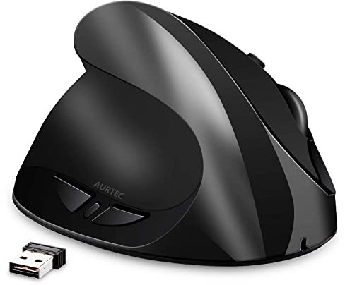 AURTEC Linkshändermaus, wiederaufladbare 2,4G-Drahtlos-Ergonomische Vertikalmäuse mit USB-Empfänger, 6 Tasten und 3 einstellbaren DPI 800/1200/1600 für Linkshänder, Schwarz