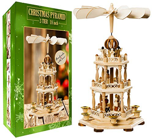 USA SUPREME Deutsche Weihnachtsdekoration Pyramide – 45,7 cm – Holz Krippe Set – unter dem Weihnachtsbaum – Tischplatte Urlaubsdeko – 3 Etagen Karussell – 6 Kerzenhalter – deutsches Design 18 Inches
