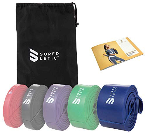 SUPERLETIC Powerband Widerstands-Fitness-Bänder & Übungsbänder für Männer und Frauen; Klimmzughilfe - 5 Stärken für Workout, Yoga, Pilates, Crossfit + Kostenlose Trainingsanleitung (Blau)