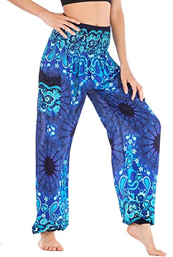 Nuofengkudu Damen Haremshosen High Waist Hippie Muster Baumwolle Pumphosen mit Taschen Leicht Weite Luftige Stoffhose Yogahose Sommerhose Strandhose(Einheitsgröße,Blau Blume)