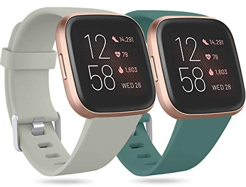 Ouwegaga Cinturino di Ricambio in Silicone Compatibile con Fitbit Versa Cinturino/Fitbit Versa Lite Cinturino/Fitbit Versa 2 Cinturino, Piccolo Grigio/Pinegreen