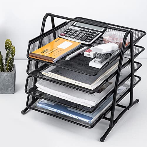 Wire Mesh Letter Tray 4 Tier Filing Trays Holder Office Desktop Document A4 Paper File Storage Desk Organiser Mesh Filling Home Office School Scratch-resistant stretchable Easy to assemble Black