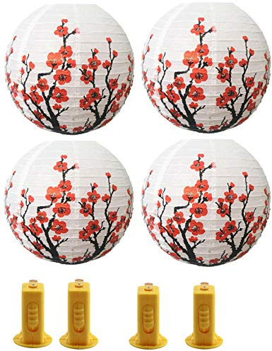 4 faroles de papel chinos japoneses colgantes con luz LED para decoración del hogar o fiesta (blanco)