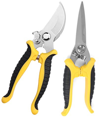 Set di 2 forbici da potatura da giardinaggio per potatura manuale in acciaio inox, lame curve e dritte con manici antiscivolo, adatte per tagliare rose, bonsai interni, uva, rami