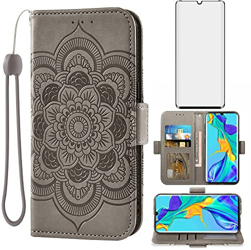 Asuwish Funda para Huawei P30 Pro con Cristal Templado Protector Pantalla Vidrio Pelicula Protectora Libro Cuero Piel Tarjetero HuweiP30Pro Hawaii P 30 P30Pro VOG-L29 Tapa Carcasa Movil Capa Case Gris