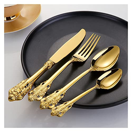 Vintage Western vergoldet 24 stücke Besteck Geschirr Set 24 stücke Essmesser Gabeln Teelöffel Goldene Luxus Geschirr Sets Gravur (Color : 1set 24pcs)