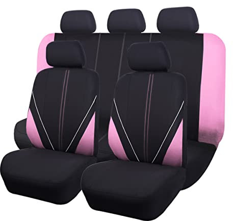 Flying Banner Universal atmungsaktive Netzstoff-Autositzbezüge, komplettes Set Airbag-kompatible Kissen Schutz (Schwarz und Rosa)