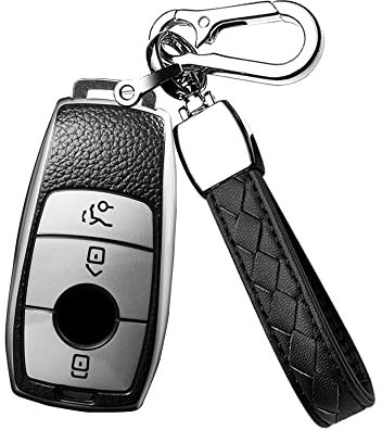HIBEYO Autoschlüssel Hülle passt für Mercedes E Klasse Schlüsselhülle Schlüsselbox für Benz Class-E C S A CLA GLA GLE GLC GLK AMG Schutzhülle Schlüsselanhänger TPU Leder Texture Schutzhülle-Silber