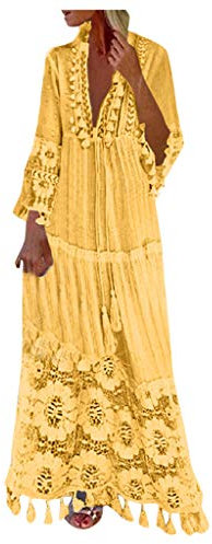 Ni_ka Robe Boheme Chic Jupe Longue FrangéE en Dentelle à Encolure en V Dress Femme Sexy Rose Taille S à 4XL, Ni_kadress44581, Jaune