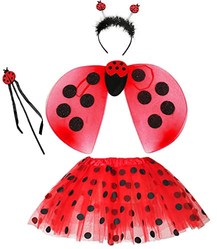 Hifot 4 pièces Costume de Coccinelle pour Enfant Filles, Déguisement de Coccinelle Ladybug Tutu Jupe Ailes Baguette et Serre-tête pour Halloween Carnaval Cosplay