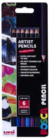 POSCA KPE-200 Oil Wax Colouring Pencils, Luxe Colours (6-Pack) | Tough Nib Design, Multi-Surface Use on Wood, Fabric, Paper, Canvas, Rich Pigmented Colours, Biodegradable Packaging