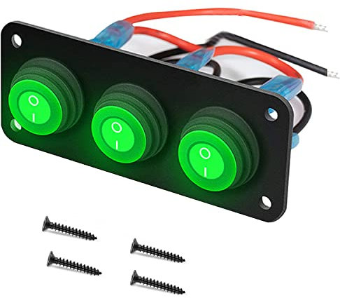 RUNCCI-YUN 12V-24V pannello interruttore impermeabili,Pulsante Interruttore Rotondo,3 Gruppi Pannello interruttori a levetta LED,Pannello Interruttori a Bilanciere per Auto, Barca, Camion (Verde)