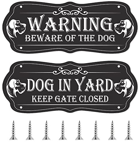 2 Pieces Beware of Dogs Sign for Fence, 9 x 3.5 Inch Dog in Yard Keep Gate Closed Sign Metal, Warning Dog Sign with Screws for Lawn, Fence, Garden