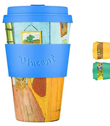 Ecoffee Cup 14oz 400ml Van Gogh Collection Reusable Eco-Friendly 100% Plant Based Coffee Cup with Silicone Lid & Sleeve - Melamine Free & Biodegradable Dishwasher/Microwave Safe Travel Mug, Bedroom