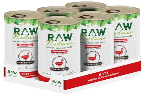 RAW Nature - Ente Pur 6x400g - Mit Hirse und Birne - Nassfutter für Hunde - Hoher Fleischanteil - Monoprotein - Alleinfuttermittel - Getreidefreies Hundefutter (6er Pack)