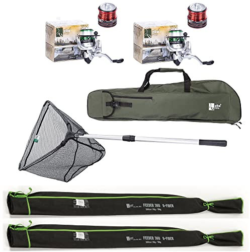 Zite Fishing Angel-Set Feeder-Angeln / 2 Feeder-Ruten 3,60m / 2 Angelrollen mit Schnur Bespult + Alu-Ersatzspulen / 1 Rutentasche 150cm / 1 Unterfangkescher 2,10m