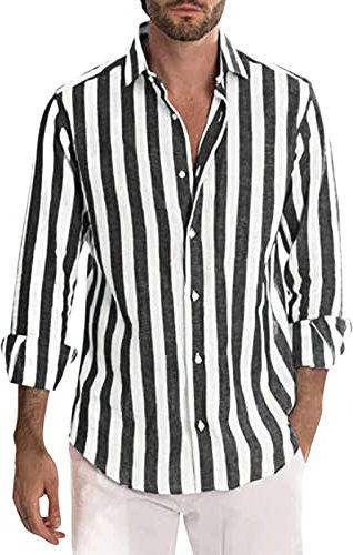 Chemise en lin pour homme à rayures - Manches longues - Pour l'été - Pour les loisirs - Funky Hawaïen - Manches longues - Chemise décontractée - Coupe régulière, Noir , XXXL