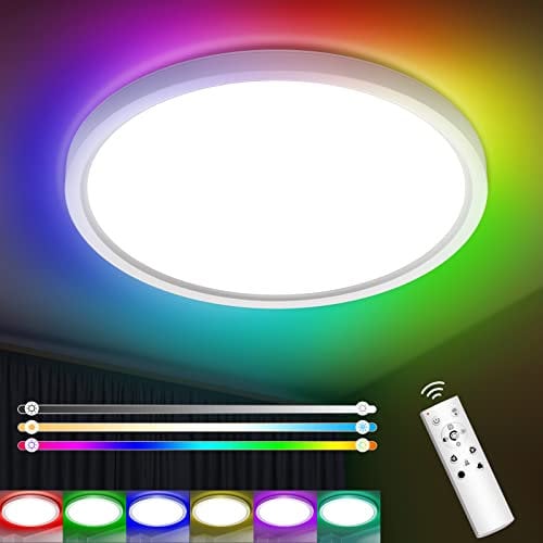 IAB LED Deckenleuchte Dimmbar mit Fernbedienung, 24W 3300LM RGB Farbwechsel Deckenlampe Flach IP54 Rund mit 3000k-6500k und 13-Farben 8W Backlight für Schlafzimmer/Wohnzimmer/Badezimmer/Küche, Φ30cm