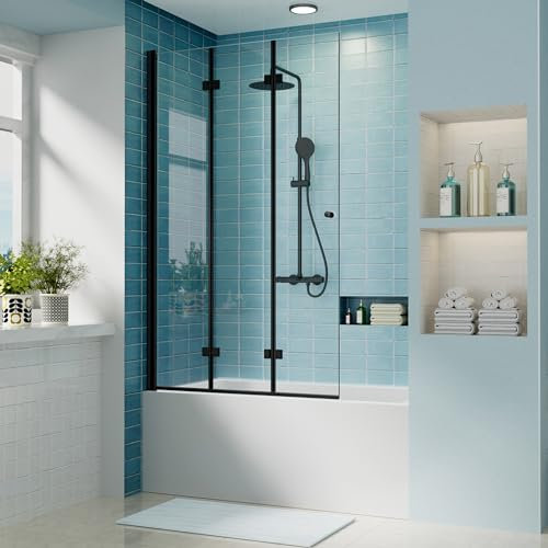 iBath Duschtür für Badewanne, 129,5 cm B x 149,9 cm H, 0,6 cm gehärtetes Glas mit leicht zu reinigender Beschichtung und bruchsicherer Folie, wendbare rahmenlose 3-teilige faltbare Badewannentür