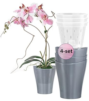 Garten lux Juego de 4 macetas para orquídeas, color antracita, 2 l, diámetro de 16 cm, con 4 unidades de orquídeas, orificio de drenaje, plástico transparente, 1 L, diámetro de 14 cm, para uso en