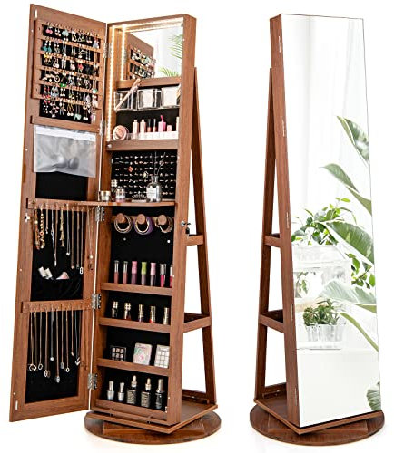 RELAX4LIFE Armoire à Bijoux Pivotante à 360º avec Miroir Pleine Longueur, Miroir Bijoux sur pied avec Rangement, Éclairage LED, 3 Étagères pour Bagues Boucles d'Oreilles (Brun)