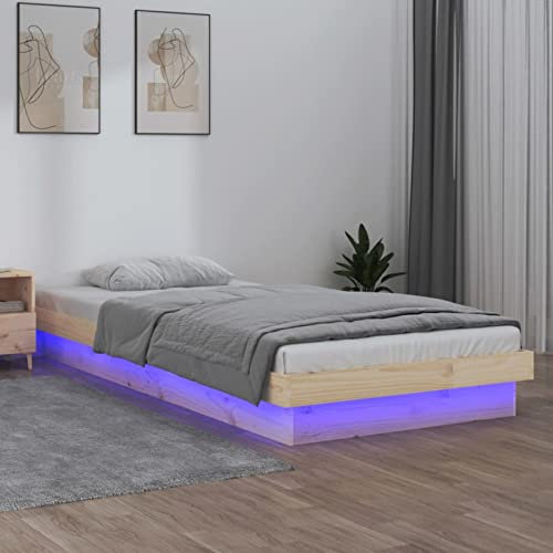 NITCA Bett mit LED 90 x 200 cm Massivholzbett Bett 90 x 200 cm mit LEDs und Lattenrost Natur Polsterbett mit LED Beleuchtung Bettrahmen Holz Jugendbett Bettgestell Einzelbett Schlafzimmerbett