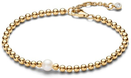 PANDORA Timeless Behandelte Süßwasserzuchtperle & Kugeln Armband aus 14 Karat vergoldeter Metalllegierung in der Farbe Gold, Timeless Kollektion, 16cm, 563173C01-16