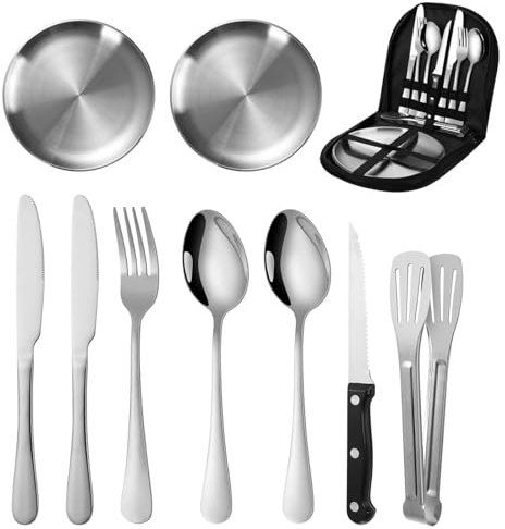 Horuili® Couverts de Camping Portables, 10 pièces en Acier Inoxydable Set de Couverts de Camping avec cuillère Fourchette Couteau Clip Assiette, pour Pique-Nique Voyage Randonnée, pour 2 Personnes
