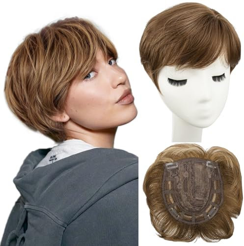 PORSMEER haarteile für dünnes haar topper, Kurze Pixie Cut Haarteile Synthetische Pixie Topper für Damen/Herren Clip In Wiglet mit Pony Haarvolumen hinzufügen,haarverlängerung(Goldbraun)