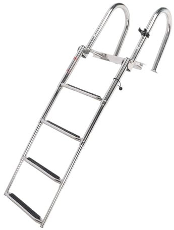 4 Step Pontoon Boat Ladder, Heavy Duty Telescoping Boat Boarding Ladder, Stainless Steel Anti Slip Folding Deck Ladder with Pedal and Safe Handrails, Boat Swim Ladder