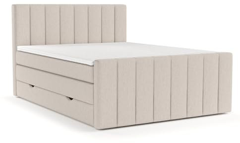 maison de reve - Boxspringbett 180 x 200 cm, mit Taschenfederkernmatratze (Härtegrad H3 und Höhe 37 cm), Polsterbett mit Bettkasten, PU-Topper und Kopfteil - Boxspringbett - Beige, Ruby Serie