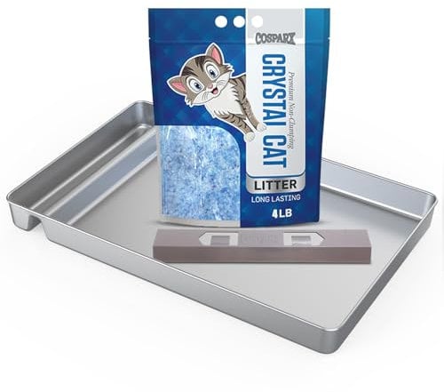COSPARX Stainless Steel Litter Tray for PetSafe Scoop-Free Box, Upgraded Clip-On Waste Extender, Includes 4LB Crystal Cat Litter, Silver, Cat Owners