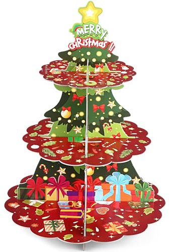 GWHOLE Christmas Cupcake Stand Christmas Tree Shape Cake Stand 3 Tier Cake Stand Xmas Holiday Party Cupcake Toppers for Christmas Holiday Party