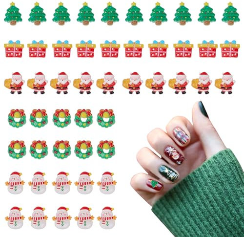 NICENEEDED 50 Pcs Christmas Nail Charm, Cartoon Santa Claus Snowman Bells Xmas Tree Nail Art Decorations, 3D Winter Xmas Nail Charms Resin Designs Holiday Nail Charm Nail Art Supplies for Women