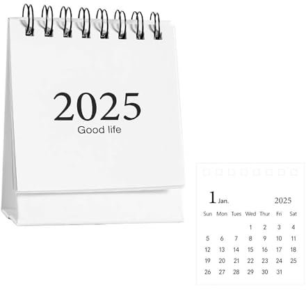 Mini-Tischkalender 2025, kleiner Tischkalender 2025, Mini-Kalender, stehend, Flip-Kalender, 10,2 x 7,6 cm dicke Papierbindung für Zuhause und Büro, Weiß